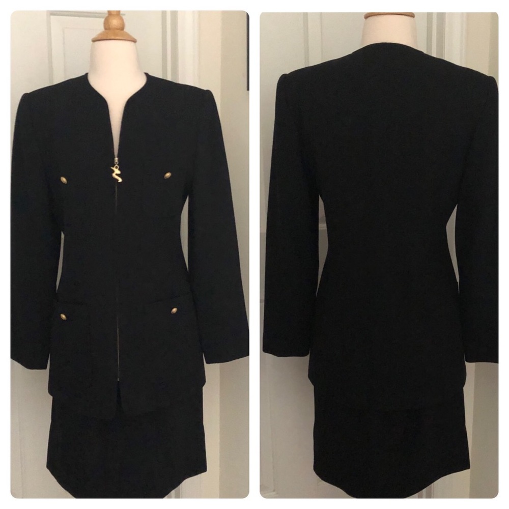 VTG Oleg Cassini Black 100% Wool Suit 1990s Pencil Skirt Blazer 6 Gold Zip Retro
